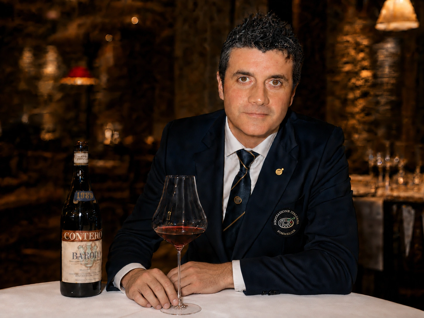 Dante Cerioli, sommelier professionista AIS, con una bottiglia di Barolo e un calice di vino