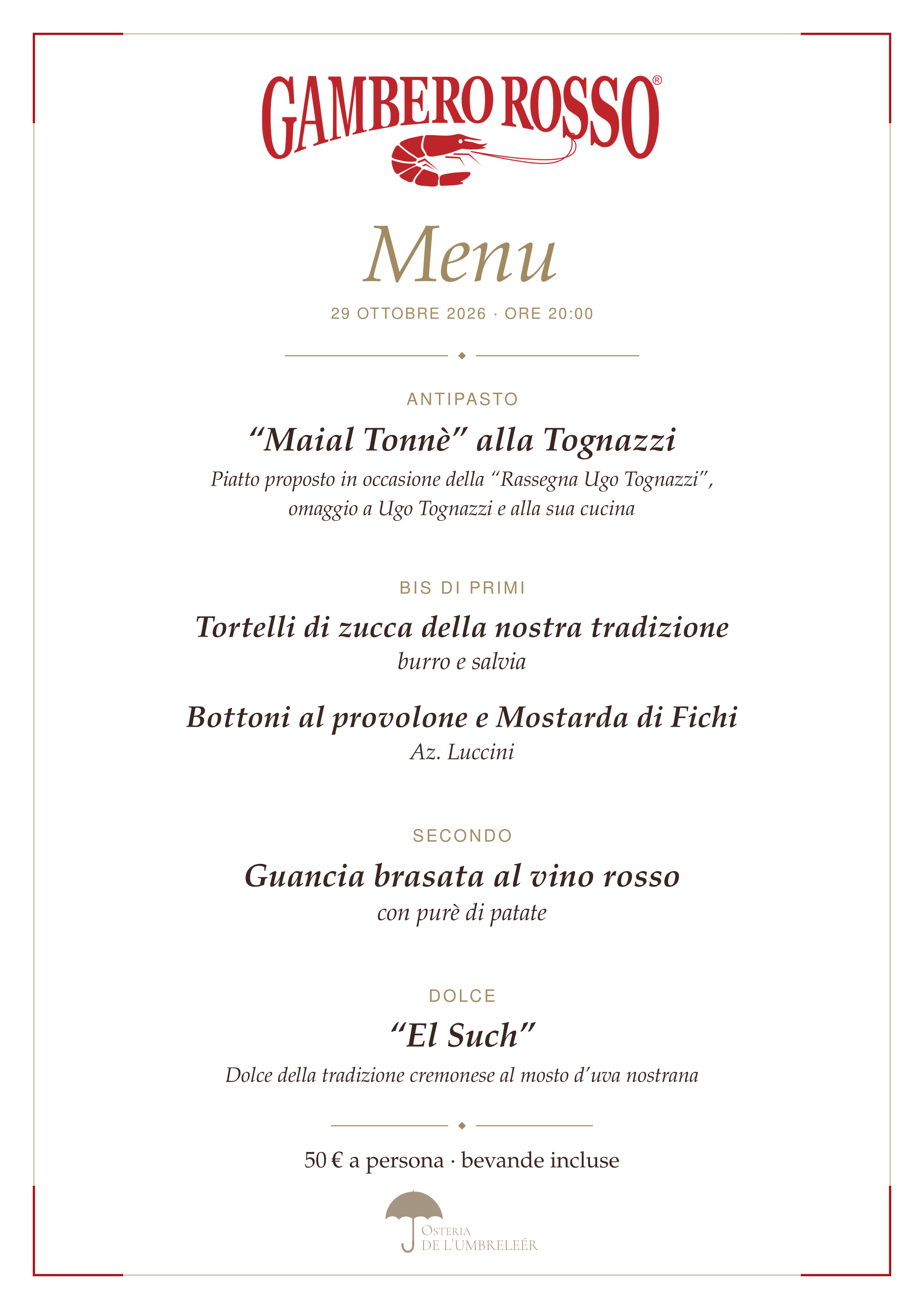 Menu della serata · The Best in Lombardy Experience 2026